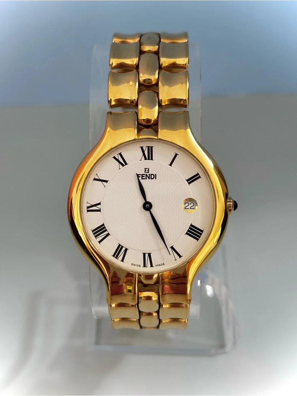 Authentic Fendi Men's Quartz Gold Tone Bracelet Watch White Roman Dial Date